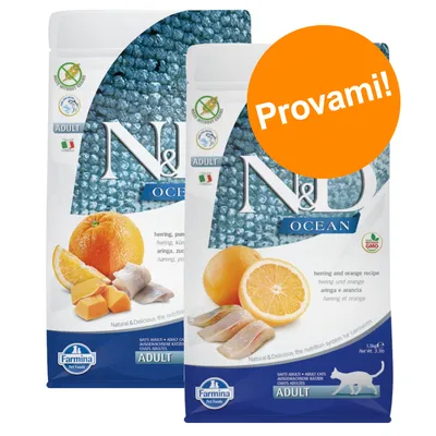 Due confezioni di Farmina N&D Ocean Adult con aringa e arancia, scritta grande 'Provami!' su sfondo arancione, bandiere Italia e Norvegia, simboli senza OGM e pesce.