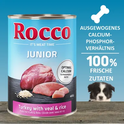Rocco Junior Turkey with veal & rice, ausgewogenes Calcium-Phosphor-Verhältnis, 100% frische Zutaten, optimaler Calciumgehalt, Dose mit Fleisch und Reis abgebildet.