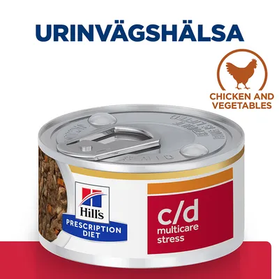 Hill's Prescription Diet c/d multicare stress våtfoderburk, text: URINVÄGSHÄLSA, CHICKEN AND VEGETABLES. Synligt innehåll med kyckling och grönsaker.