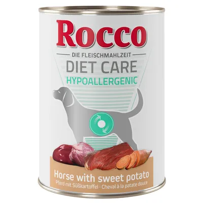 Conservă Rocco Diet Care Hypoallergenic pentru câini, inscripție vizibilă: Horse with sweet potato. Imagine cu carne de cal și cartof dulce pe etichetă.