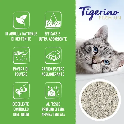 Tigerino Premium. In argilla naturale di bentonite, efficace e ultra assorbente, povera di polvere, rapido potere agglomerante, eccellente controllo odori, profumo di erba appena tagliata.
