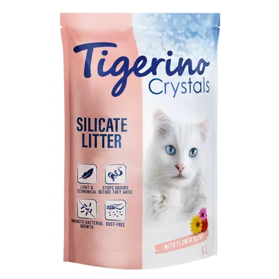 Tigerino Crystals Silicate Litter, lettiera per gatti con profumo di fiori, 5L. Testo in inglese: light & economical, stops odours before they arise, inhibits bacterial growth, dust-free.