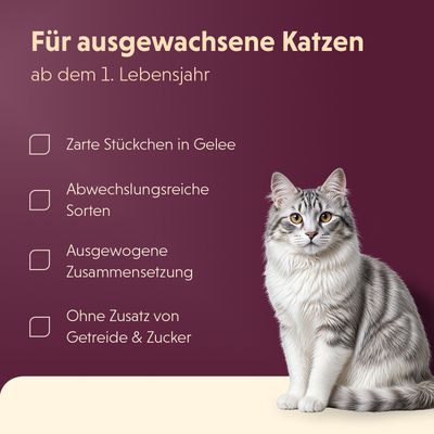 Für ausgewachsene Katzen ab dem 1. Lebensjahr: Zarte Stückchen in Gelee, abwechslungsreiche Sorten, ausgewogene Zusammensetzung, ohne Zusatz von Getreide und Zucker.