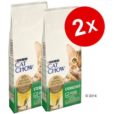 Lot de 2 sacs Purina Cat Chow Sterilised, 50 % animal proteins, with natural prebiotic, riche en poulet, visuel d’un chat sur l’emballage.