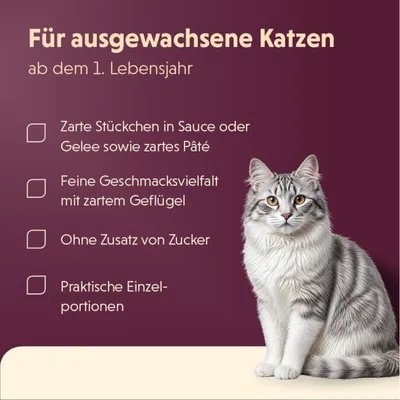 Für ausgewachsene Katzen ab dem 1. Lebensjahr: Zarte Stückchen in Sauce oder Gelee, feine Geschmacksvielfalt mit zartem Geflügel, ohne Zusatz von Zucker, praktische Einzelportionen. Für ausgewachsene Katzen ab dem 1. Lebensjahr: Zarte Stückchen in Sauce oder Gelee, feine Geschmacksvielfalt mit zartem Geflügel, ohne Zusatz von Zucker, praktische Einzelportionen.