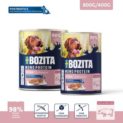 BOZITA Mono Protein PORK Varken, 98% dierlijke ingrediënten en bouillon, graanvrije receptuur, zonder toegevoegde suikers, zonder kleurstoffen, paté met stukjes, postbiotica voor een gezonde spijsvertering.