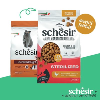 Schesir Animal Monoprotéine Formule Stérilisé au poulet, 38 % de protéine, pauvre en matières grasses, sans céréales, nouvelle formule. L'emballage montre de la nourriture sèche et un chat.