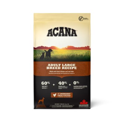ACANA Adult Large Breed Recipe, 60% składników pochodzenia zwierzęcego, 40% warzyw/owoców/ziół, 0% sztucznych dodatków, główny składnik świeży kurczak, wyprodukowana w Kanadzie.