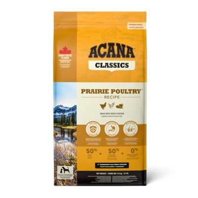 Acana Classics Prairie Poultry Recipe, wyprodukowana w Kanadzie, z świeżym kurczakiem. 50% składników pochodzenia zwierzęcego, 50% warzyw i owoców, 0% zbóż zawierających gluten. Masa netto 2, kg.