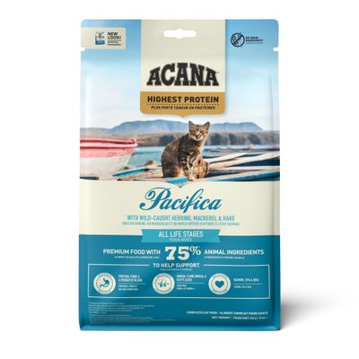 Acana Pacifica, Highest Protein, z dziko złowionym śledziem, makrelą i morszczukiem, 75% składników pochodzenia zwierzęcego, dla wszystkich etapów życia, bez zboż, karma premium.