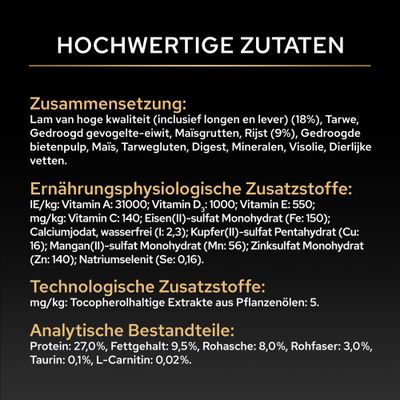 Zusammensetzung, ernährungsphysiologische und technologische Zusatzstoffe sowie analytische Bestandteile mit genauen Werten für Protein, Fett, Rohasche, Rohfaser, Taurin und L-Carnitin.