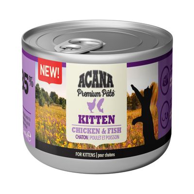 ACANA Premium Paté Kitten Chicken & Fish, Opschrift: NIEUW!, voor kittens, kip en vis, afbeelding van een kat en een natuurscène op het blik.