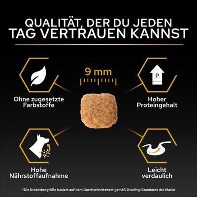 Krokettengröße 9 mm, ohne zugesetzte Farbstoffe, hoher Proteingehalt, hohe Nährstoffaufnahme, leicht verdaulich. Qualität, der du jeden Tag vertrauen kannst.