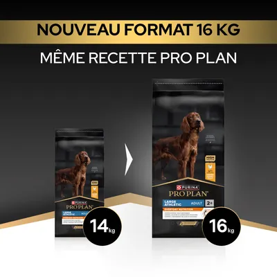 Purina Pro Plan Large Athletic Adulte, nouveau format 16 kg, même recette qu'auparavant, auparavant 14 kg. Purina Pro Plan Large Athletic Adulte, nouveau format 16 kg, même recette qu'auparavant, auparavant 14 kg.