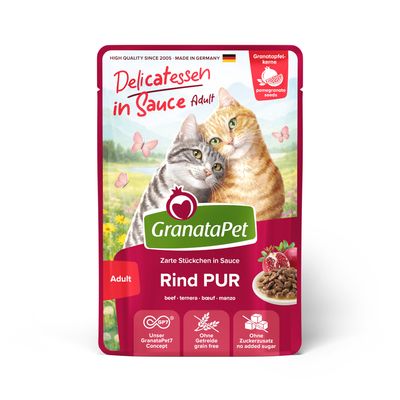 GranataPet Delicatessen in Sauce Adult Pollo PUR, teneri bocconcini in salsa, senza cereali, senza zuccheri aggiunti, con semi di melograno, Made in Germany.