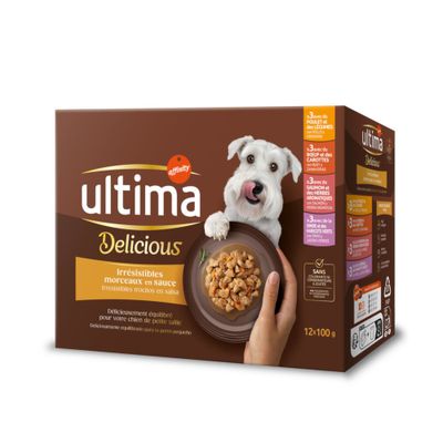 Ultima Delicious Irresistibles chunks in gravy, 12 x 100g. Varieties: with chicken and vegetables, beef and carrots, salmon and herbs, duck and green beans. Free from preservatives.