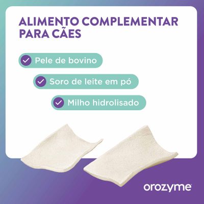 Alimento complementar para cães. Contém pele de bovino, soro de leite em pó e milho hidrolisado. Marca: orozyme.