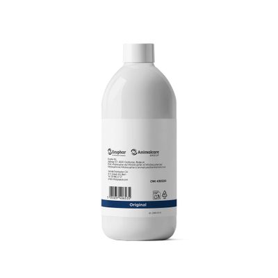 Flasche mit Etikett: Ecuphar, Animalcare Group, Original, Barcode, Recycling-Symbol, Kontaktinformationen und CNK 4383220.