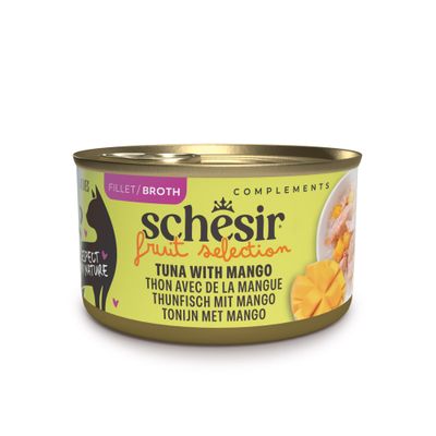 schesir fruit selection tun med mango, fillet/broth, dåse med billede af tun og mango på etiketten.