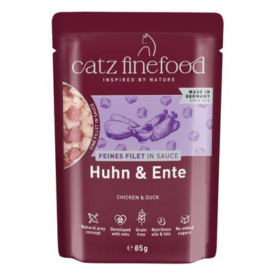 catz finefood Filetto pregiato in sauce, pollo con carote, Made in Germany, senza cereali, senza zuccheri aggiunti, bustina da 85 g, concetto di preda naturale, sviluppato con veterinari.