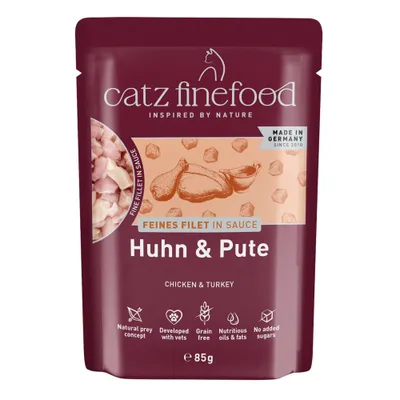 catz finefood Höna & Kalkon, fint filé i sås, Tillverkad i Tyskland, 85 g, Naturligt bytesdjurkoncept, Utvecklad med veterinärer, Spannmålsfri, Näringsrika oljor & fetter, Inget tillsatt socker. catz finefood Höna & Kalkon, fint filé i sås, Tillverkad i Tyskland, 85 g, Naturligt bytesdjurkoncept, Utvecklad med veterinärer, Spannmålsfri, Näringsrika oljor & fetter, Inget tillsatt socker.