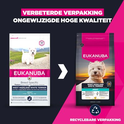 Eukanuba West Highland White Terrier adult met nieuw, recyclebaar verpakkingsdesign. Let op: verbeterde verpakking, onveranderde hoge kwaliteit.