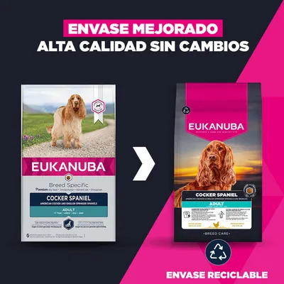 Eukanuba Cocker Spaniel Adult pienso: nuevo diseño de envase reciclable, misma alta calidad. Comparación entre el envase antiguo y el nuevo.