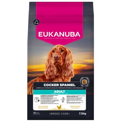 Eukanuba Breed Specific droogvoer voor Cocker Spaniel, adult vanaf 1 jaar, 7,5 kg. Premium droogvoer met FOS voor een gezonde spijsvertering.