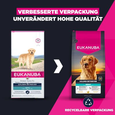 Eukanuba Golden Retriever Adult: Bild zeigt alte und neue Verpackung. Text: Verbesserte Verpackung, unverändert hohe Qualität, recycelbare Verpackung.