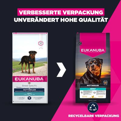 Eukanuba Rottweiler Adult: neue recycelbare Verpackung, unverändert hohe Qualität. Bild zeigt alten und neuen Futtersack nebeneinander.