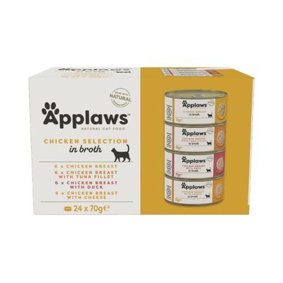 Applaws Thunfischfilet mit Lachs in Brühe, 70g. Zertifiziert B Corporation, 100% natürliche Zutaten. Abbildung des Produkts und einer Portion auf rosa Hintergrund.