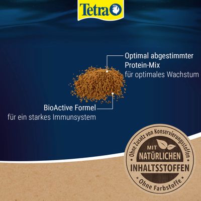 Tetra BioActive formula az erős immunrendszerért, optimálisan összehangolt fehérje-mix az optimális növekedésért, természetes összetevőkkel, tartósítószerek és színezékek hozzáadása nélkül.