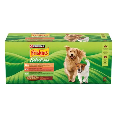 Purina Friskies natvoer in saus, 12x85g. Soorten: rund met aardappel, kip met wortel, lam met wortel. Zonder kleurstoffen, 100% uitgebalanceerde voeding.