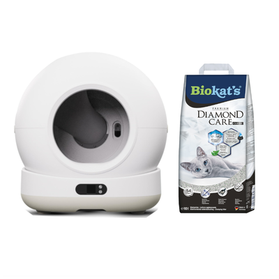Runde, weiße automatische Katzentoilette mit digitalem Bedienfeld und großer Öffnung vorne.