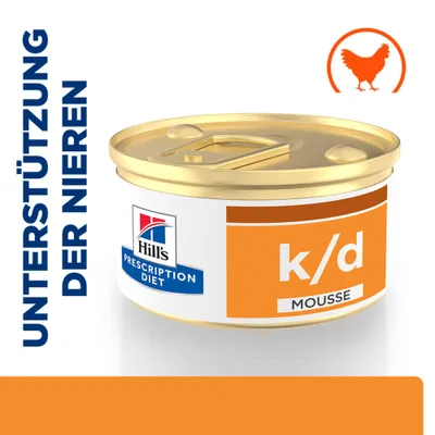 Hill's Prescription Diet k/d Mousse Dose, Text: Unterstützung der Nieren, Symbol mit Huhn. Hill's Prescription Diet k/d Mousse Dose, Text: Unterstützung der Nieren, Symbol mit Huhn.