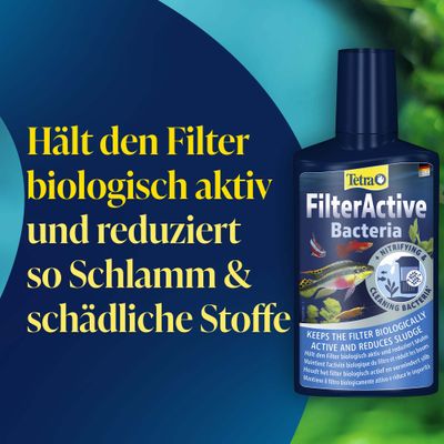 Tetra FilterActive Bactéries : Maintient le filtre biologiquement actif et réduit la vase ainsi que les substances nocives.