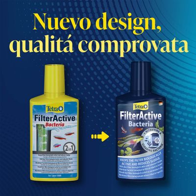 Tetra FilterActive Batteri Flacone nel vecchio e nel nuovo design. Testo: Nuovo design, qualità comprovata.