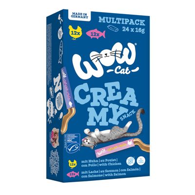 WOW Cat Creamy Snack multipack, 24x15g. Fabricado en Alemania. 12x con pollo, 12x con salmón. Mariscos MSC certificados sostenibles. Sin azúcares añadidos.
