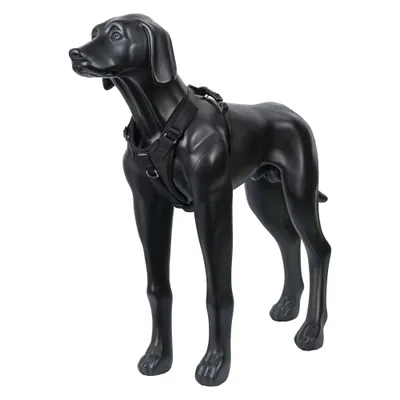 Svart hundsele presenterad på en svart hundstaty, visar selelsens passform och hur den sitter. Svart hundsele presenterad på en svart hundstaty, visar selelsens passform och hur den sitter.