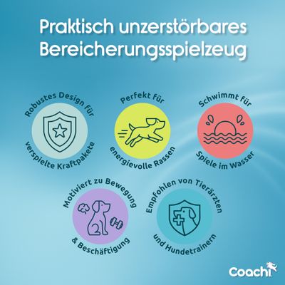 Praktisch unzerstörbares Bereicherungsspielzeug: Robustes Design für verspielte Kraftpakete, perfekt für energiereiche Rassen, schwimmt für Spiele im Wasser, motiviert zu Bewegung, empfohlen von Tierärzten und Hundetrainern. Coachi.