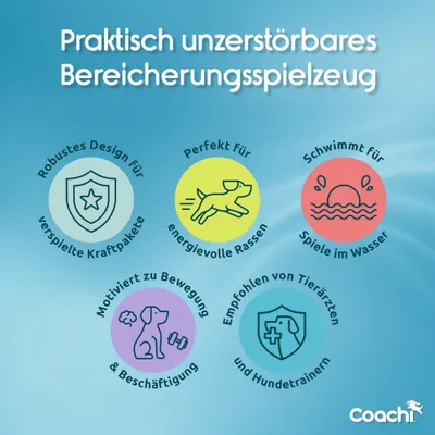 Praktisch unzerstörbares Bereicherungsspielzeug: Robustes Design für verspielte Kraftpakete, perfekt für energiereiche Rassen, schwimmt für Spiele im Wasser, motiviert zu Bewegung, empfohlen von Tierärzten und Hundetrainern. Coachi.