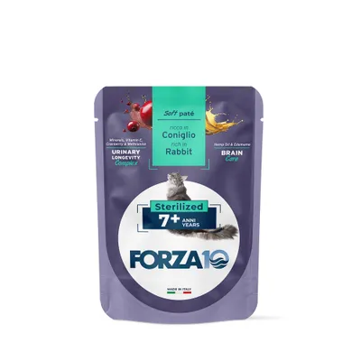 FORZA10 Soft Paté, gazdag nyúlhúsban. Sterilized 7+ év. Urinary Longevity Complex áfonyával, Brain Care kendermagolajjal & edamame-val. Olaszországban készült.