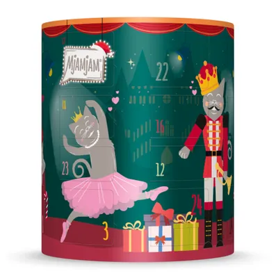 MjAMjAM Adventskalender mit tanzender Katze im Ballettkostüm und Nussknacker, nummerierte Türchen von 1 bis 24, Geschenke am unteren Rand.