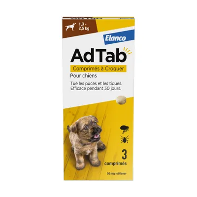 Elanco AdTab Comprimés à Croquer pour chiens 1,3–2,5 kg. Élimine les puces et les tiques, agit pendant 30 jours. 3 comprimés, 56 mg de lotilaner.