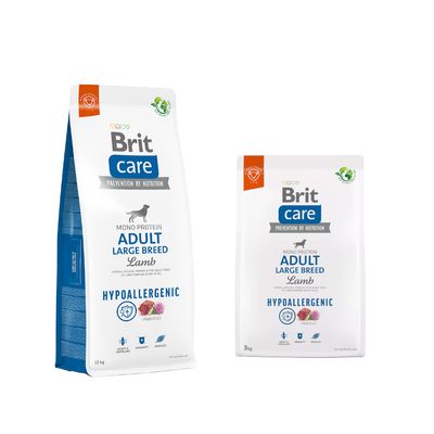 Brit Care Adult Large Breed Lamb, hipoallergén kutyatáp monoproteinnel nagytestű fajtáknak 25 kg felett. Probiotikumokat tartalmaz, támogatja az ízületeket, immunrendszert és izmokat. 12 kg csomag.