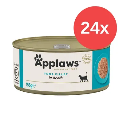 Lata de comida para gatos Applaws Tuna Fillet in broth, 156 g. Paquete de 24 unidades. Texto visible: 100% natural ingredients, Certified B Corporation.