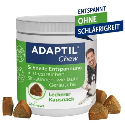 ADAPTIL Chew, ca. 30 chews. Snelle Entspannung in stressreichen Situationen, wie laute Geräusche. Leckerer Kausnack. Entspannt ohne Schläfrigkeit. Hond zichtbaar op verpakking.