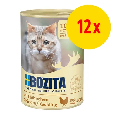 BOZITA Swedish Natural Quality, Huhnchen Chicken/Kyckling, Grain Free, 400g, balení 12×. Na obalu je vyobrazená kočka a kuře.