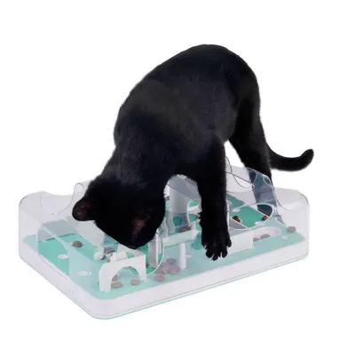 Chat noir utilisant un plateau de jeu interactif transparent avec croquettes visibles à l’intérieur, structure en plastique avec obstacles et ouvertures.