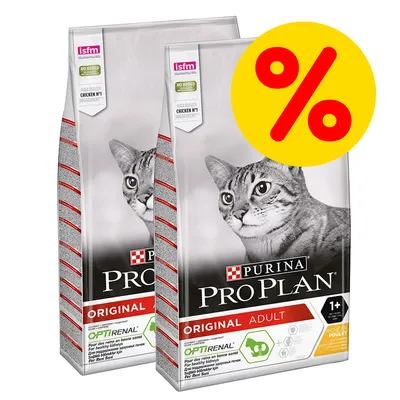 Dos sacos de Purina Pro Plan Original Adult para gatos, visible texto: 'Chicken N°1 ingredient', símbolo de porcentaje en círculo amarillo indicando oferta o descuento. Dos sacos de Purina Pro Plan Original Adult para gatos, visible texto: 'Chicken N°1 ingredient', símbolo de porcentaje en círculo amarillo indicando oferta o descuento.